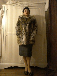 Forties Eighties inspired Bladerunner Rachael faux fur coat outfit