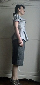 Forties style peplum blouse jacket Bladerunner Rachael inspired grey waterfall collar pencil skirt