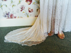 Vintage Thirties lace wedding dress train T-bar heels shoes