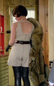 Tara King's thigh high boots cream playsuit back fur coat The Avengers Sixties