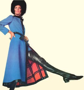 1967 blue maxi coat red lining fur hat black thigh high boots David Evins