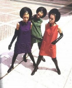 Pierre Cardin block colour mini dress black thigh high boots Sixties long gloves