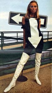 Sixties arrow road sign dress White thigh high boots