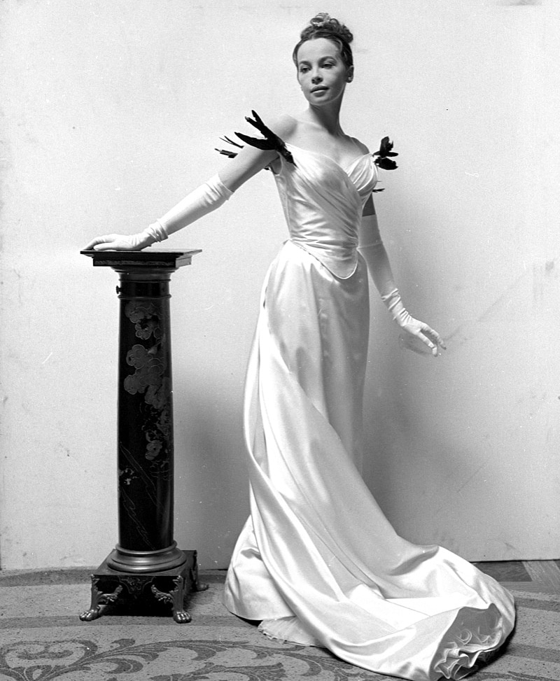 Gigi Leslie Caron evening dress wedding feathers birds train wrapover edwardian parisienne